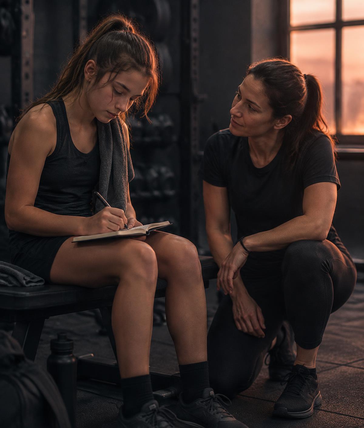 A young athlete reflecting with her coach after a session
